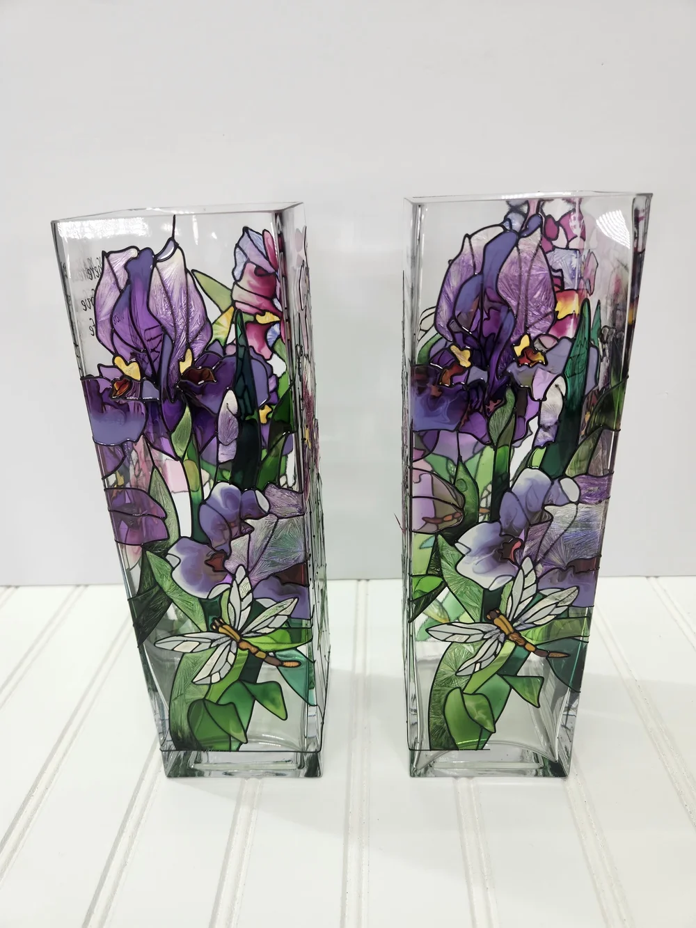 Vintage Joan Baker Designs Set of 2 Hand-Painted Stained Glass Vases